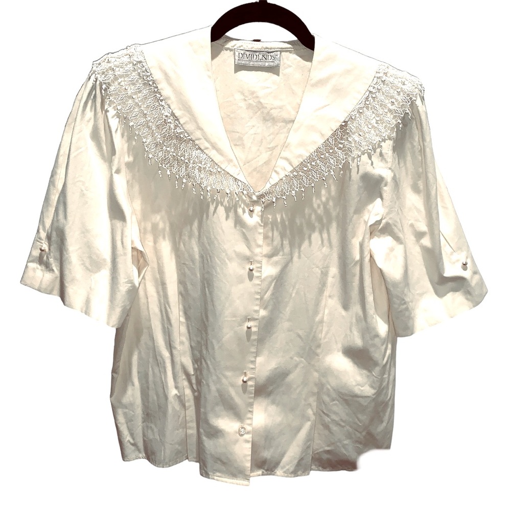 Vintage Shawl Collar Short Sleeve Blouse Lace Trim by Dividends 80s Cottage Core
